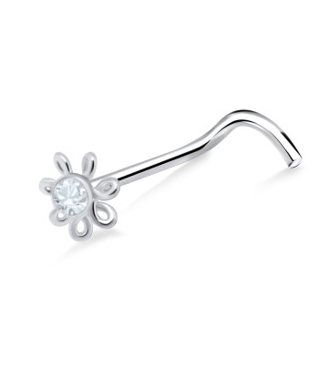 Stone Set Flower Silver Curved Nose Stud NSKB-795